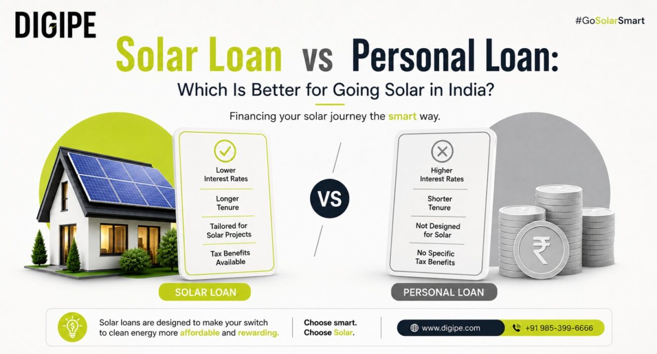 Solar Loan vs Personal Loan comparison showing lower interest rates, longer tenure and solar-specific financing benefits in India